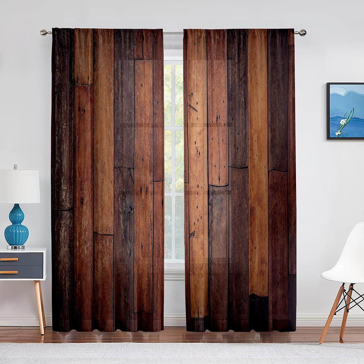 Сельский дом Стиль Западный Коричневый Примитивный Деревянный Тюль Шторы для Гостиной — фото 3