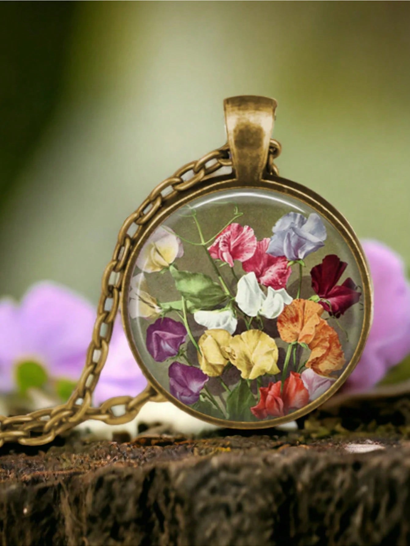 

Pendant Necklace - Sweet Pea Jewelry - Gifts For Gardener - Lathyrus Odoratus Flower - Seed Packet Art - Vintage Floral Jewelry 8&one-size