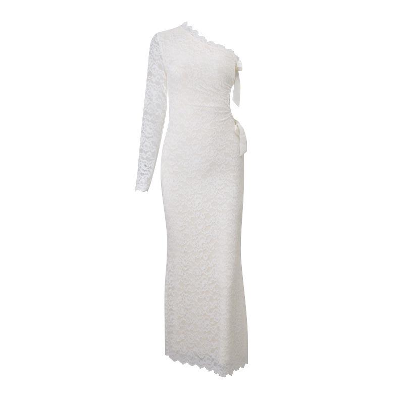 European and American style women's autumn and winter new sexy lace bow hollow long-sleeved one-shoulder diagonal collar dress