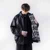 Reversible PU Leather Jacket Men Women Loose Fit Plaid Couple Coat American Style Streetwear Top