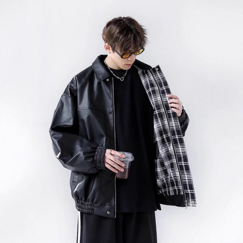 Reversible PU Leather Jacket Men Women Loose Fit Plaid Couple Coat American Style Streetwear Top