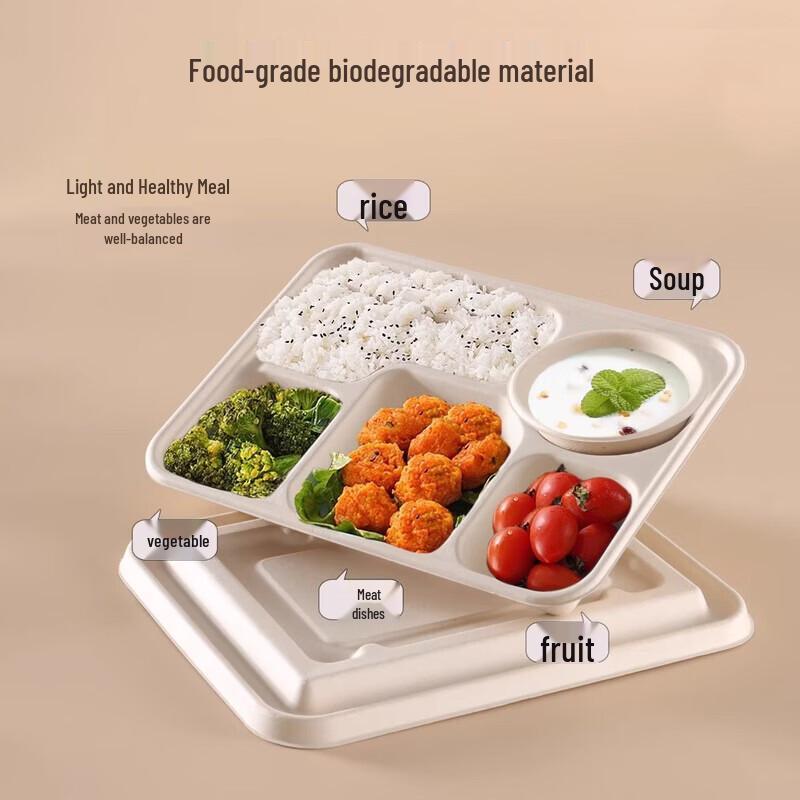 Degradable 5-Compartment Bagasse Meal Boxes with Lids