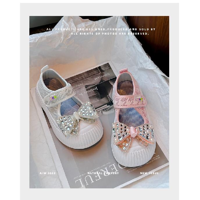 Girls' Hollowed-out Fabric shoes2026Spring and Summer Rhinestone Pearl Bow Cute Single Shoes for Children, College Style Casual Shoes