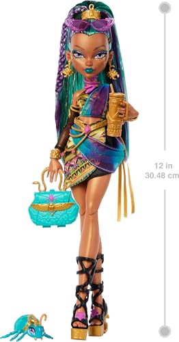 Includes Monster High Nefera de Nile doll in a royal mummy dress and pet scarab plush plush and 7 accessories including a purse, laptop, sunglasses, d