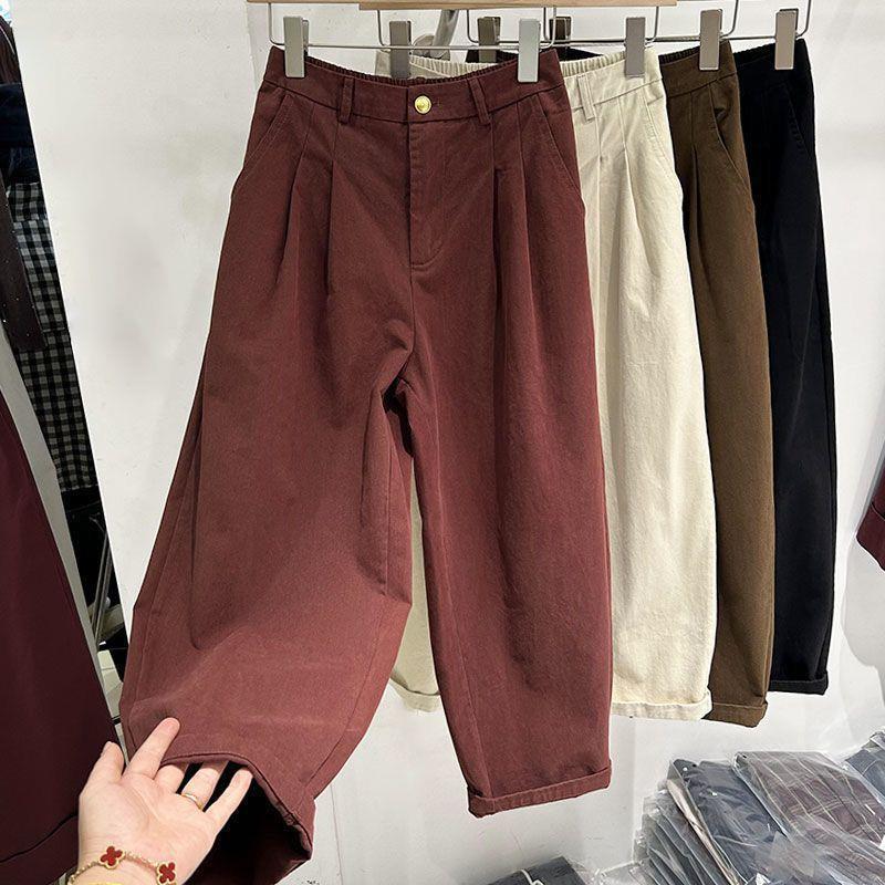 

Korean Style Red Angora Harem Carrot Pants for Petite Women - High Waist, Slimming, Loose Fit, Wide Leg, Cropped Spring Casual Wear. L for 115-130 lbs