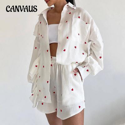 Women's Spring Ruffle Love Print Long Sleeve Shirt Wide Leg Shorts Casual Suit