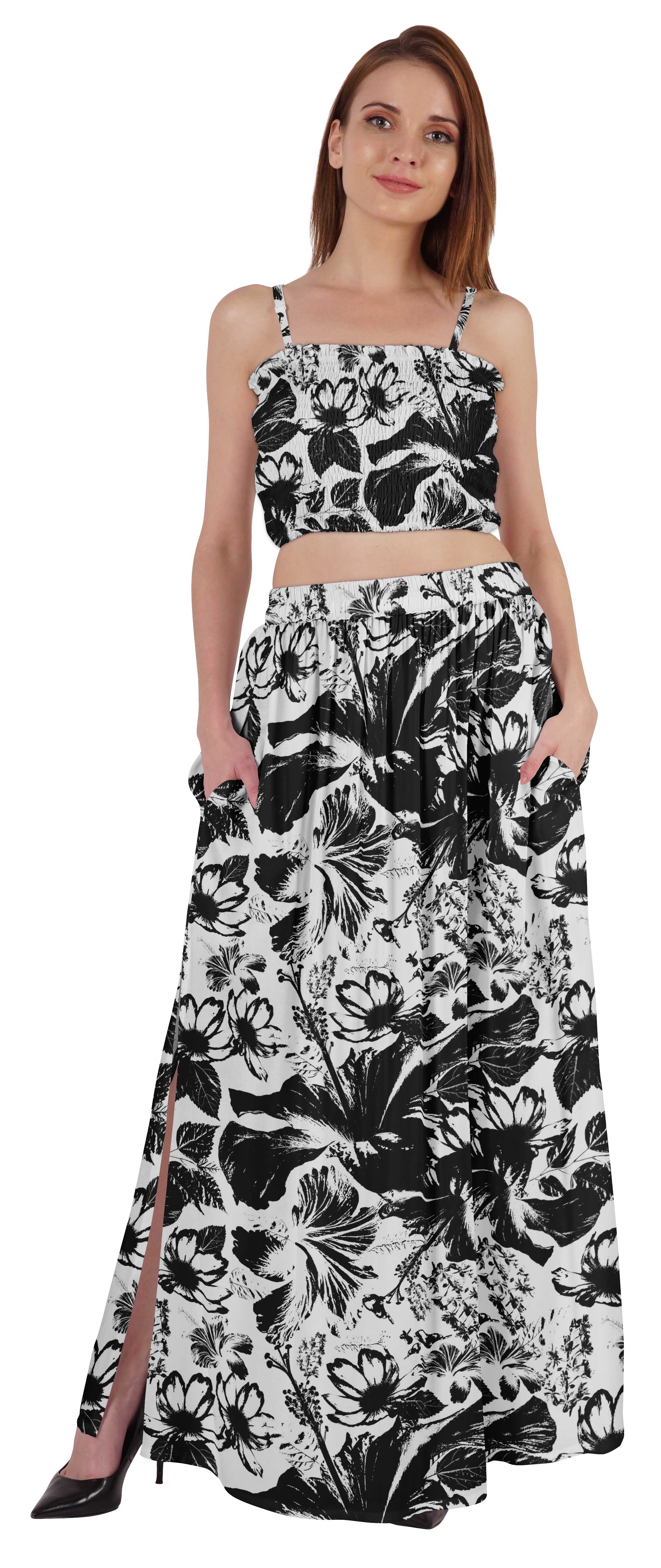 

Bimba 2 Pcs Sexy Beach Party Wear Dress For Womens Printed Smocked Crop Top & Long Skirt XXL білий