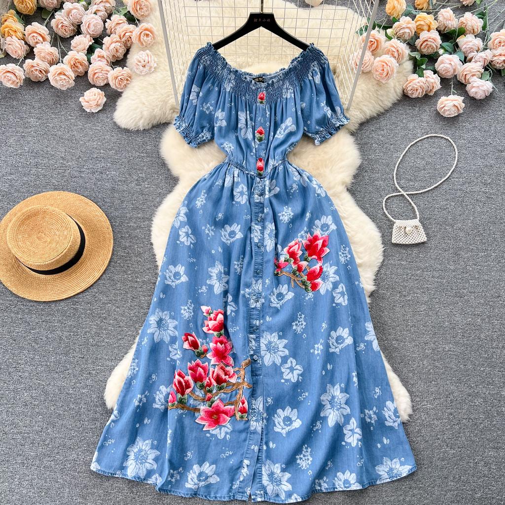 New Elegant Women Square Collar Embroidery Flowers Denim Dress Vintage Summer Single Breasted Printing Soft Long Dresses