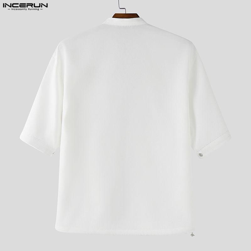 INCERUN Oversized Men Casual Loose Half Sleeve Striped Patchwork Buttons Up Shirts