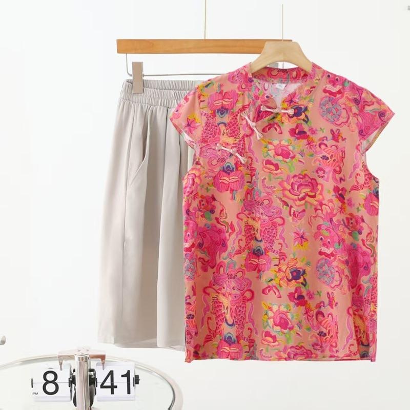 

Women s Summer Cotton Silk Thin Section Short Sleeve Plate Set Loose Cheongsam New Chinese Large Size Artificial Cotton Two Piece Set 5XL