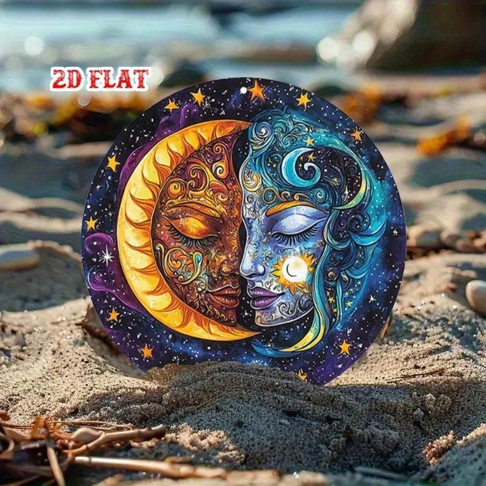 Sun Moon Metal Wall Art, Round Aluminum Sign, Celestial Starry Sky Decor