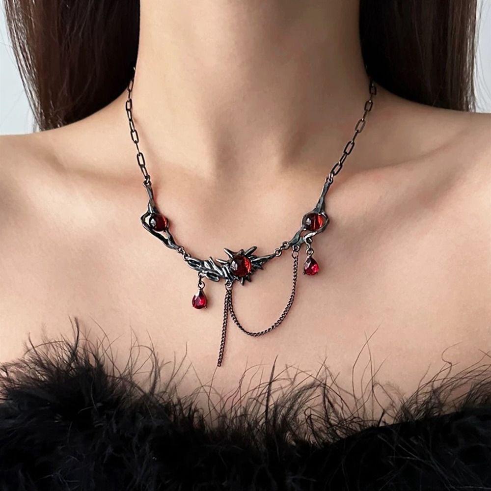 Dark Gothic Tassel Chain Choker Punk Collarbone Neck Chain Red Zircon Pendant Necklace  for Women