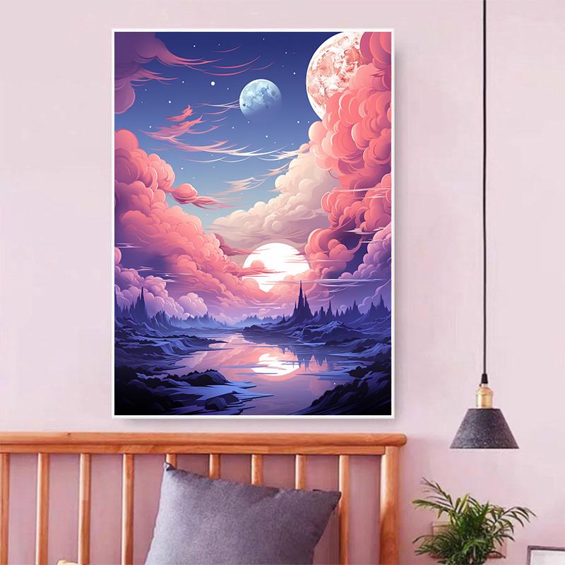 5d DIY Diamond Painting Cross Stitch Moon Pink Cloud Scenery Diamond Embroidery Mosaic Full Round Drill Home Decor Arts