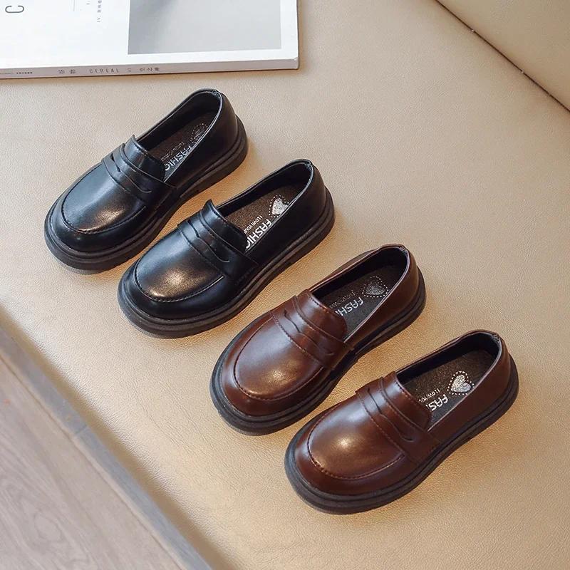 Britain Style Children's Leather Shoes for Boys Spring New Girls Retro Black Single Shoes Soft Moccasin Shoes for Children