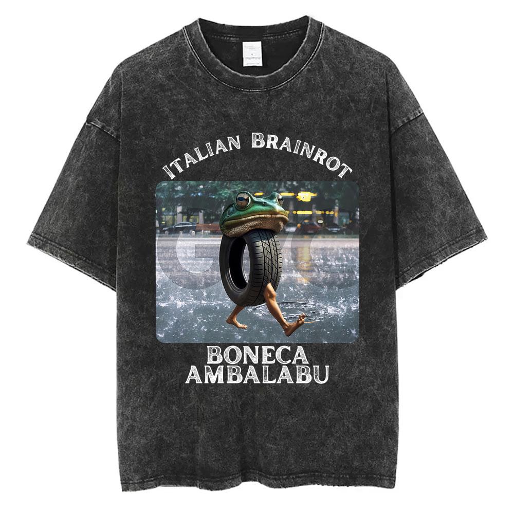 Italian Brainrot Boneca Ambalabu Frog Funny Meme Graphic Washed T-shirt Male Casual Oversized Tshirt Man Joke Humor Streetwear S разноцветный