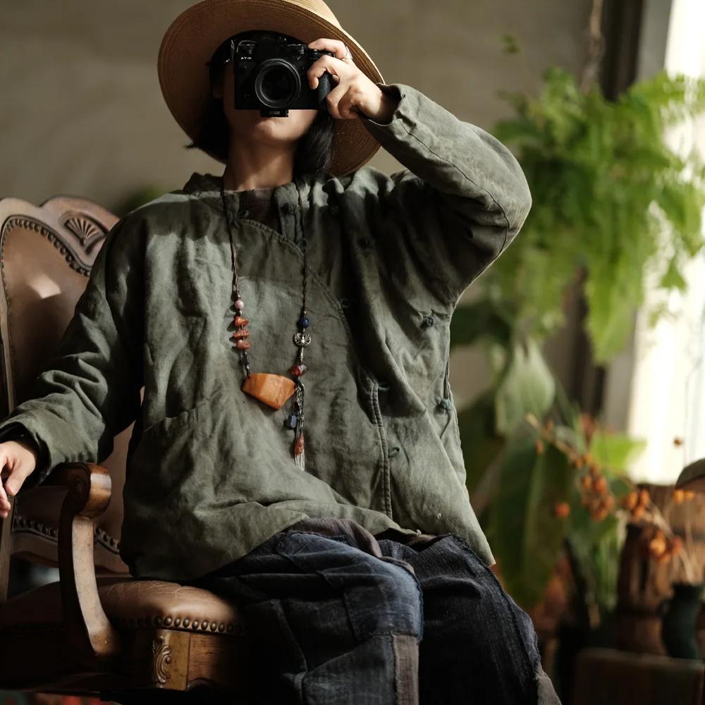 

Johnature Женские китайские пальто с длинным рукавом, зимние однотонные пуговицы, теплые винтажные пальто One Size зелёный