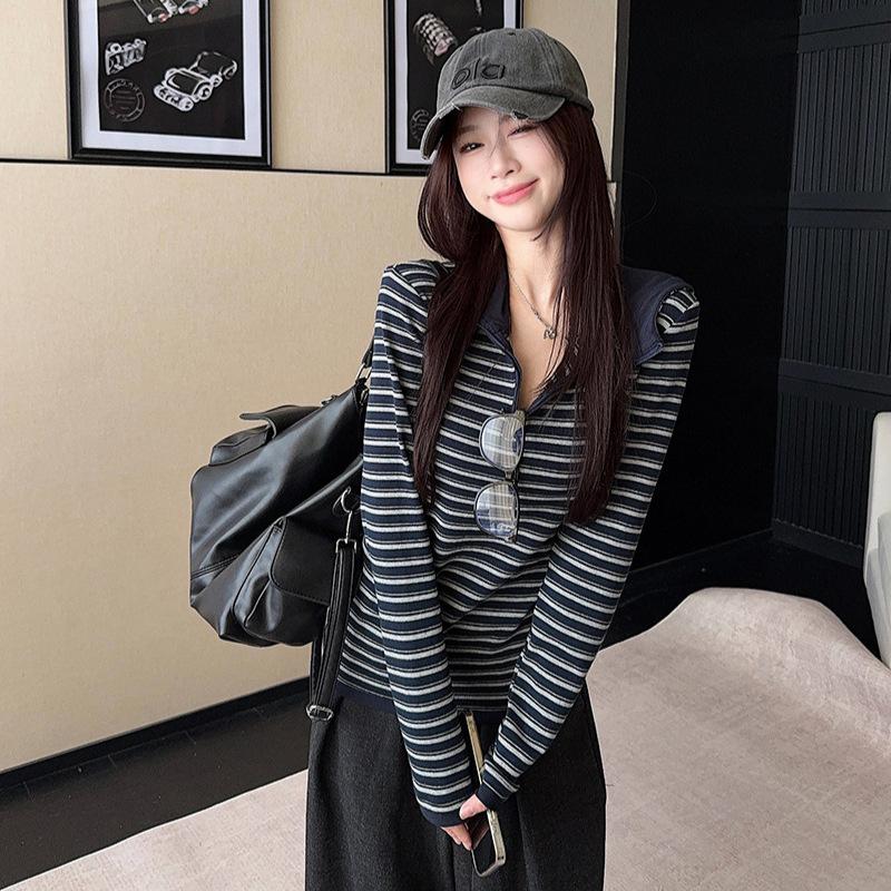 

Cotton 95% elastane 5% hooded navy blue striped shirt women s thin spring and autumn slim T inside L тёмно-синий