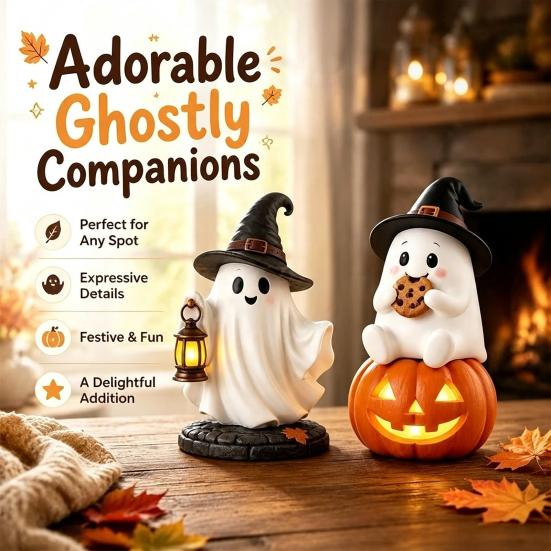 Indoor Decorative Light Lighted Halloween Ghost Figurine, Spooky Resin Witch on Pumpkin/Holding Lantern Desktop Ornament Statue with LED for Bookshelf