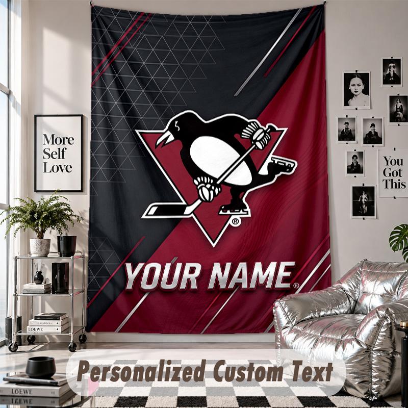 Wall Hanging Tapestry With Custom Name & Text, Pittsburgh Penguins Decorative Tapestry For Bedroom