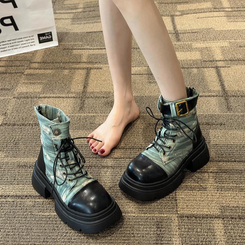 Martin Boots Women's Autumn and Winter New Old Thick-soled Denim Locomotive Breathable Thin Tooling Short Boots