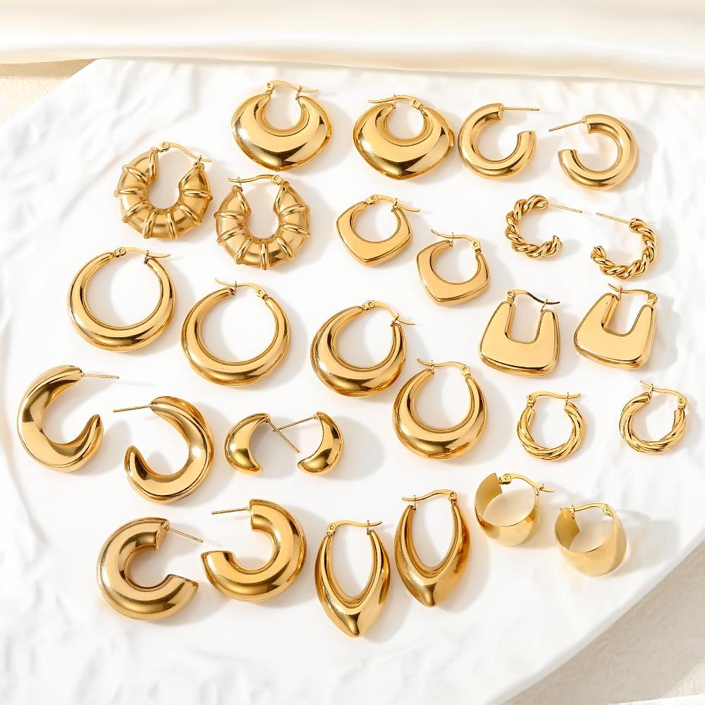Women Hypoallergenic Jewelry Earrings Stainless Steel 18k Gold Plated Screw Twisted C-shape Hoop Earrings Non Tarnish Jewelry