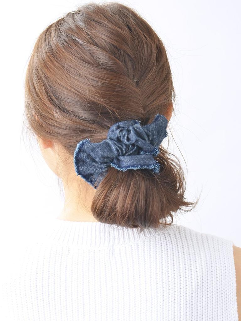 VINGTAINE Denim Fringe Scrunchie Hair Accessory Indigo HS-95-IG-