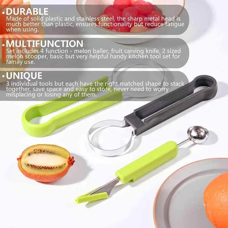 4 In 1 Stainless Steel Fruit Tool Set Melon Ball Spoon Set Knife Shape Set Fruit Carving Knife Cutter Watermelon Slicer Kitchen Accessories