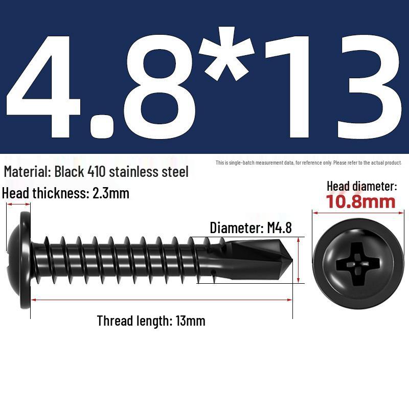 Black Phillips Flat Head Self-Tapping Screws with Washer, 410 Stainless Steel, 4.2M-4.8 Size.