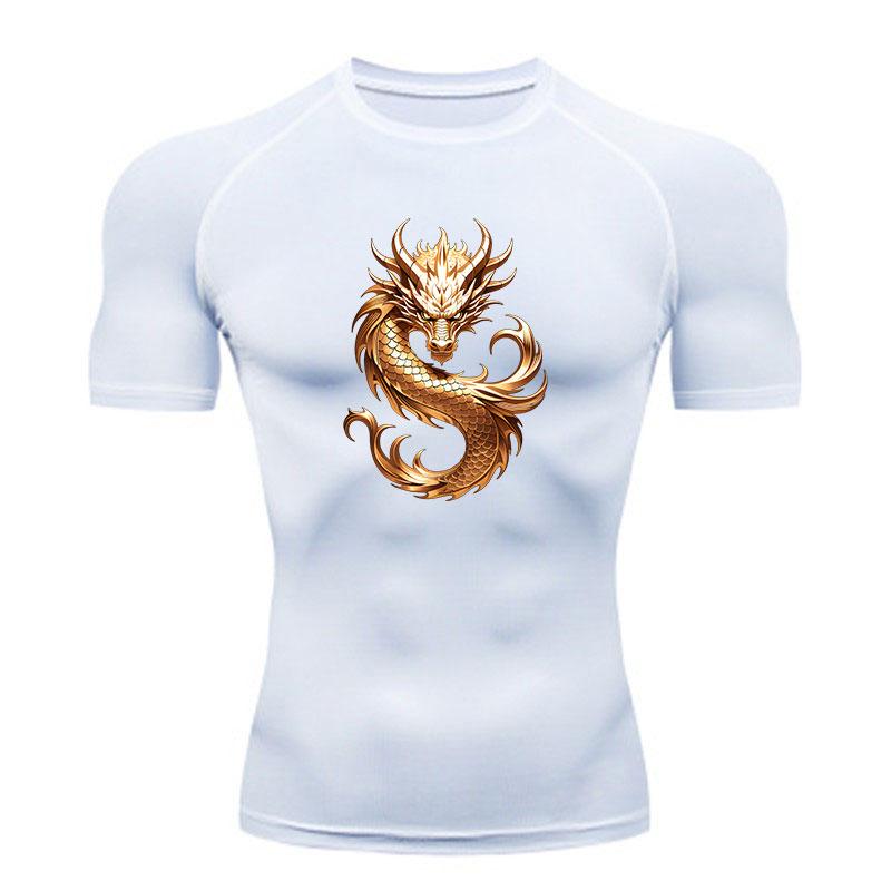 Men's Gold Chinese Dragon Print Compression Workout T-shirt