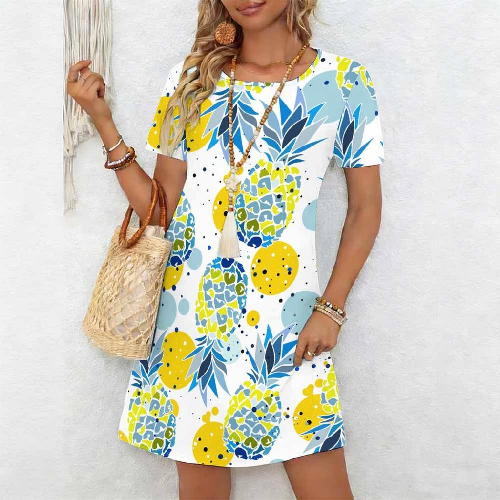 Women's Fashion Graceful Beautiful Broken Flowers and Fruits Print Summer Spring Short Sleeve O-Neck Casual Dresses
