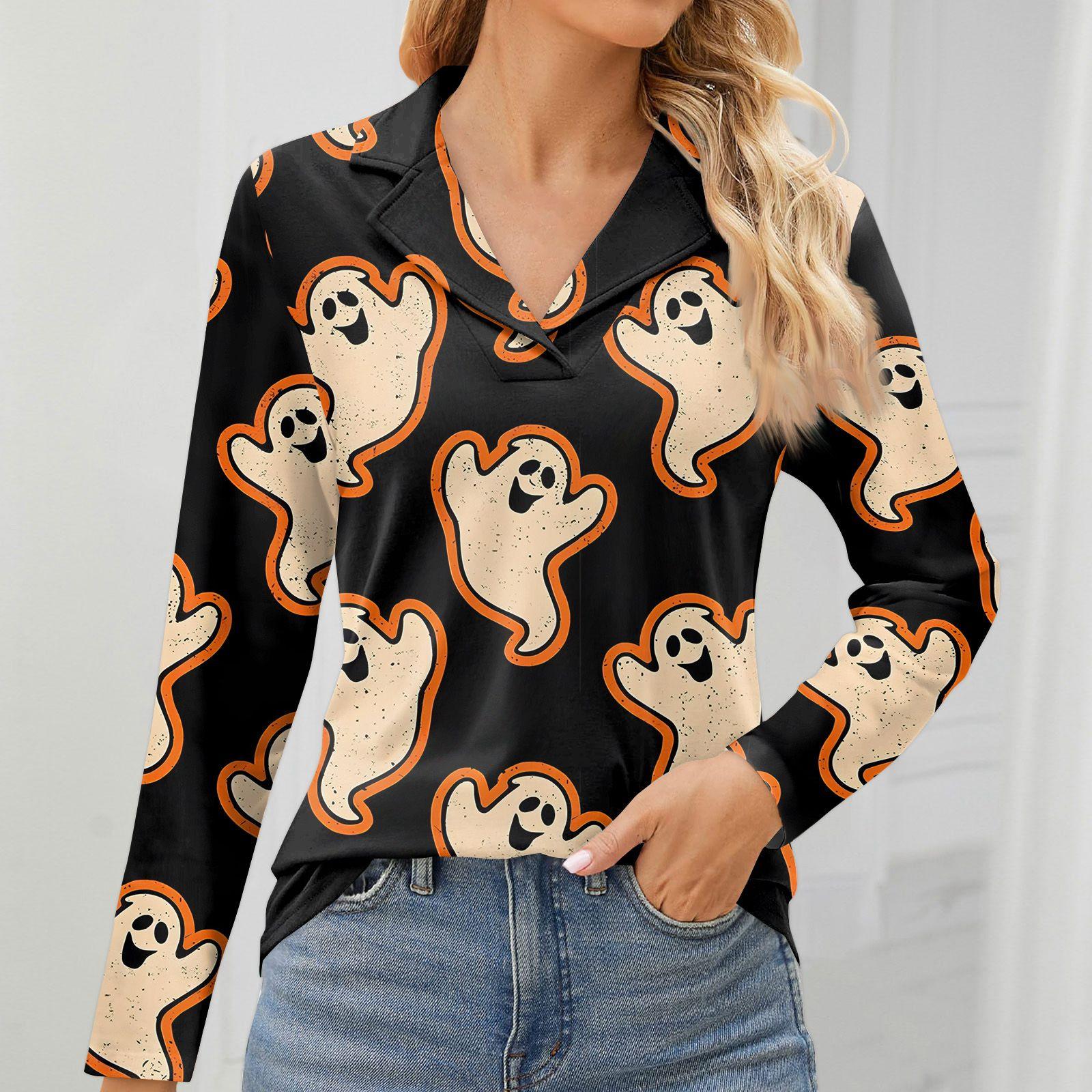 

Женская мода для отдыха с длинным рукавом и V-образным вырезом с принтом на Хэллоуин S бежевый