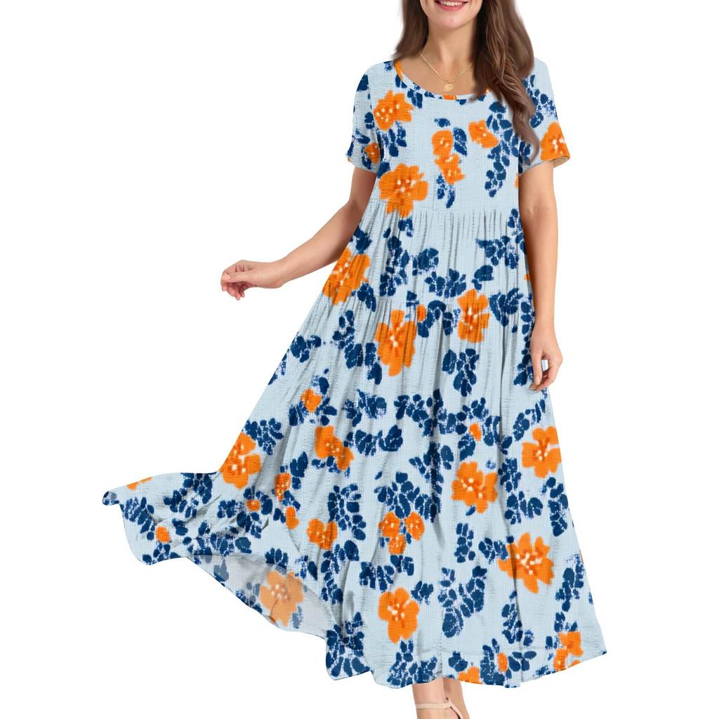 Damen Sommer Rundhals Kurzarm Geblümtes Boho Lockeres Kleid
