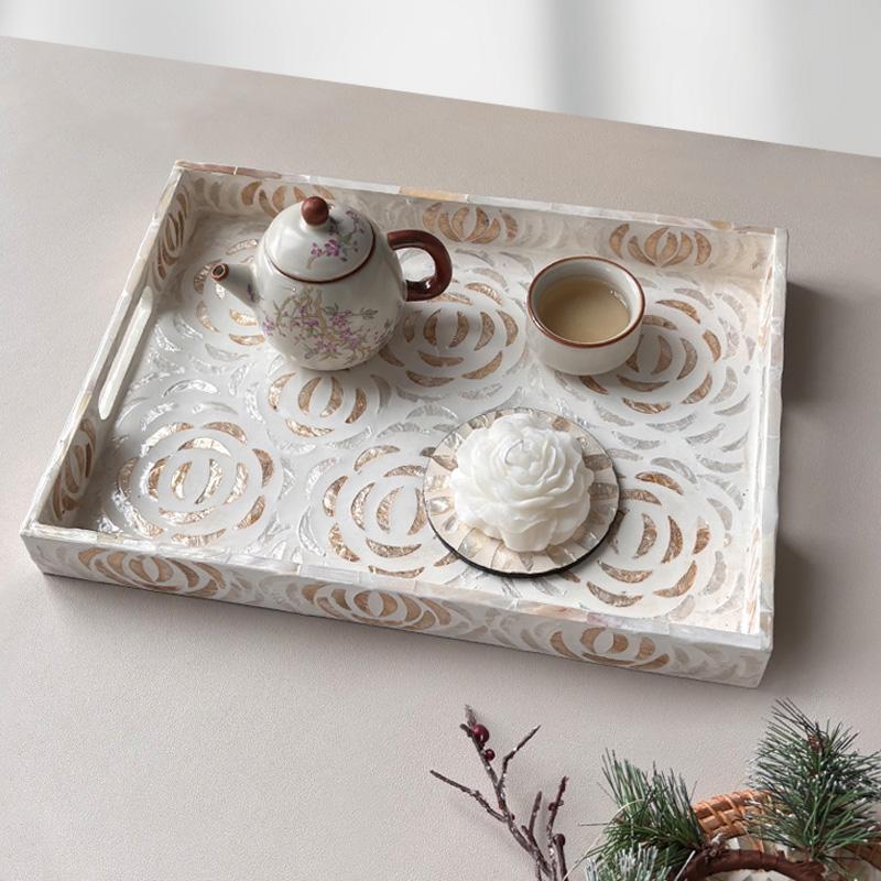 European Colorful Shell Rectangular Tea Tray Creative Living Room Storage Wooden Serving Platter Handmade Decor Display