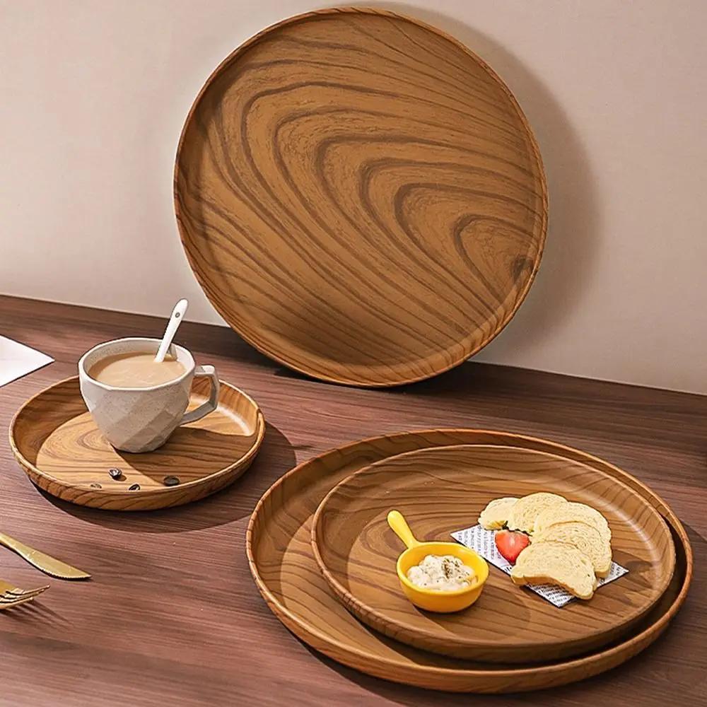 1Pcs New 20/26/32/38cm Imitation Wooden Tray Handmade Plastic Water Cup Tray Round Dishes Plate Home Use