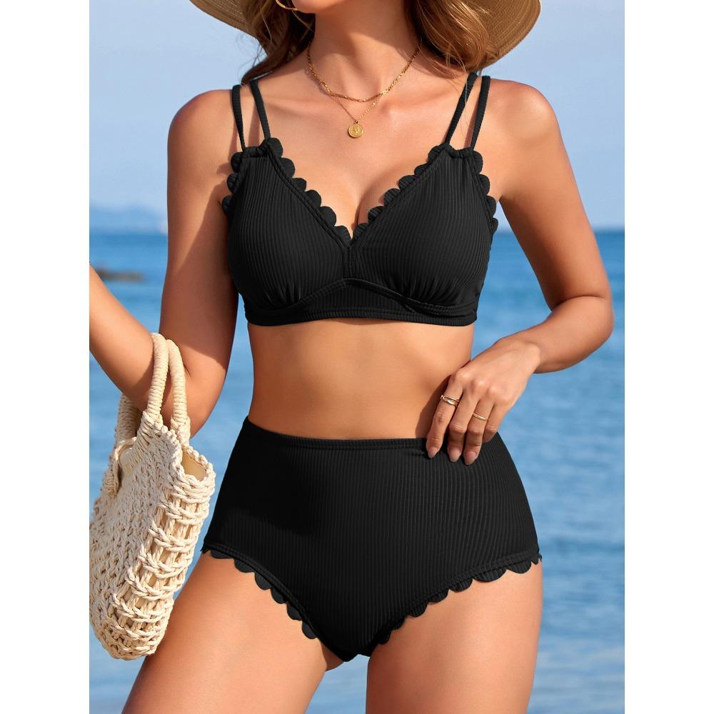 CHARMLEAKS Damskie bikini z falbanką, żebrowane, dwuczęściowe, kostiumy kąpielowe z dekoltem w serek i wysokim stanem