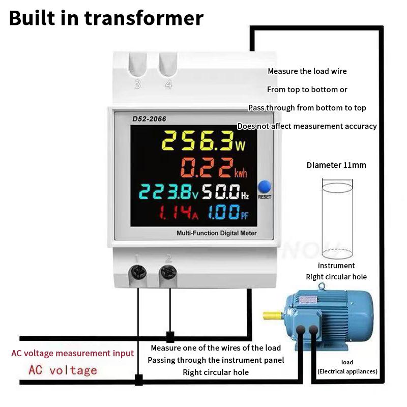 Smart Digital Energy Meter D52-2066, AC Multifunction Power Monitor with LCD Display for Household Electricity Usage