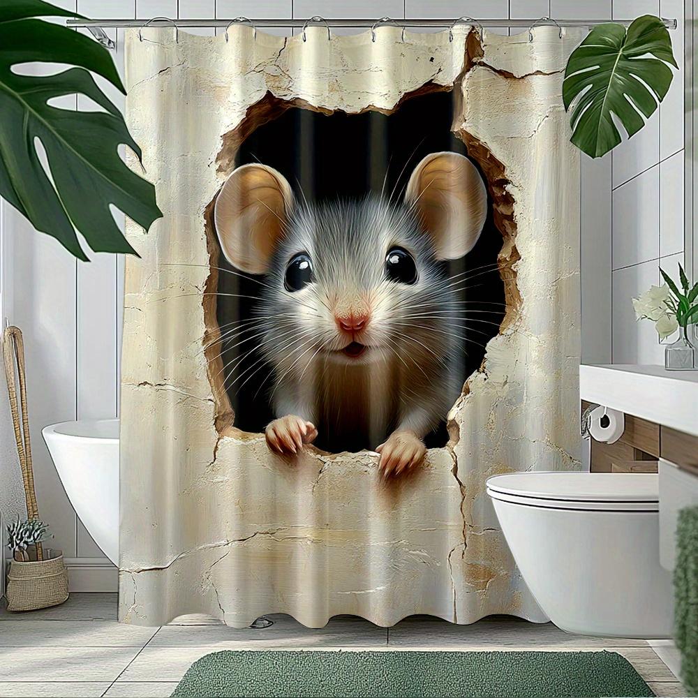 

1Pc Cute Mouse Peeking Through Hole Shower Curtain - Adorable Cartoon Design, Durable Fabric, 70X70 Inches With 12 Hooks, Machin W60H190(CM)-1 Pcs
