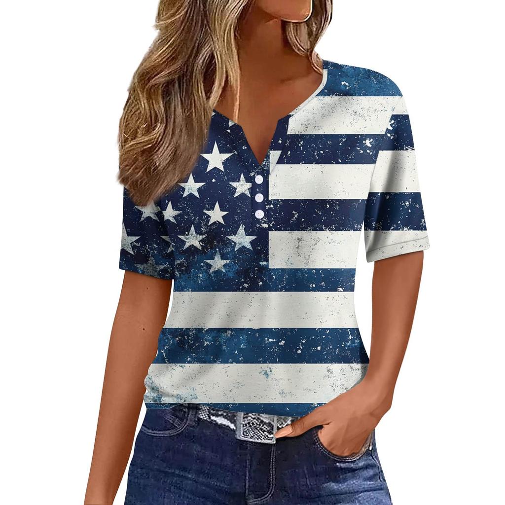Women's Fashion Casual Independence Day Printed V-Neck Short Sleeve Button Top