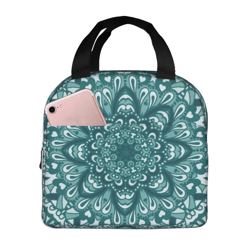 Cyan Boho Mandala Floral Print Lunch Bags Insulated Bento Box Lunch Tote Leakproof Picnic Bags Thermal Bag for Woman Girl School