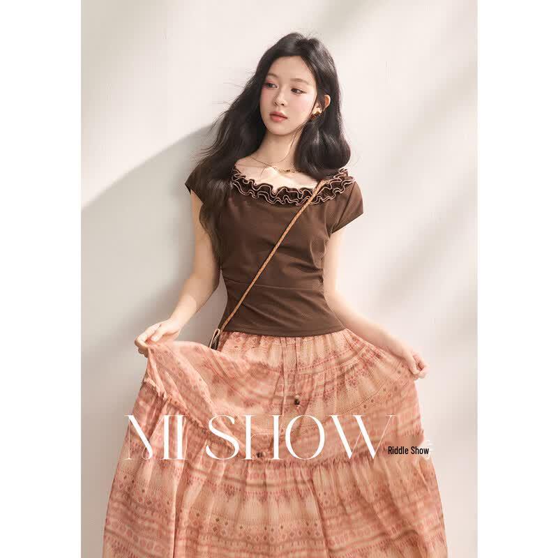 MiXiu Women s Coffee Ruffle Trim Short Sleeve T-Shirt M