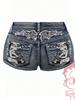 Pantaloncini di Jeans Estivi Ricamati con Strass Stile Retrò