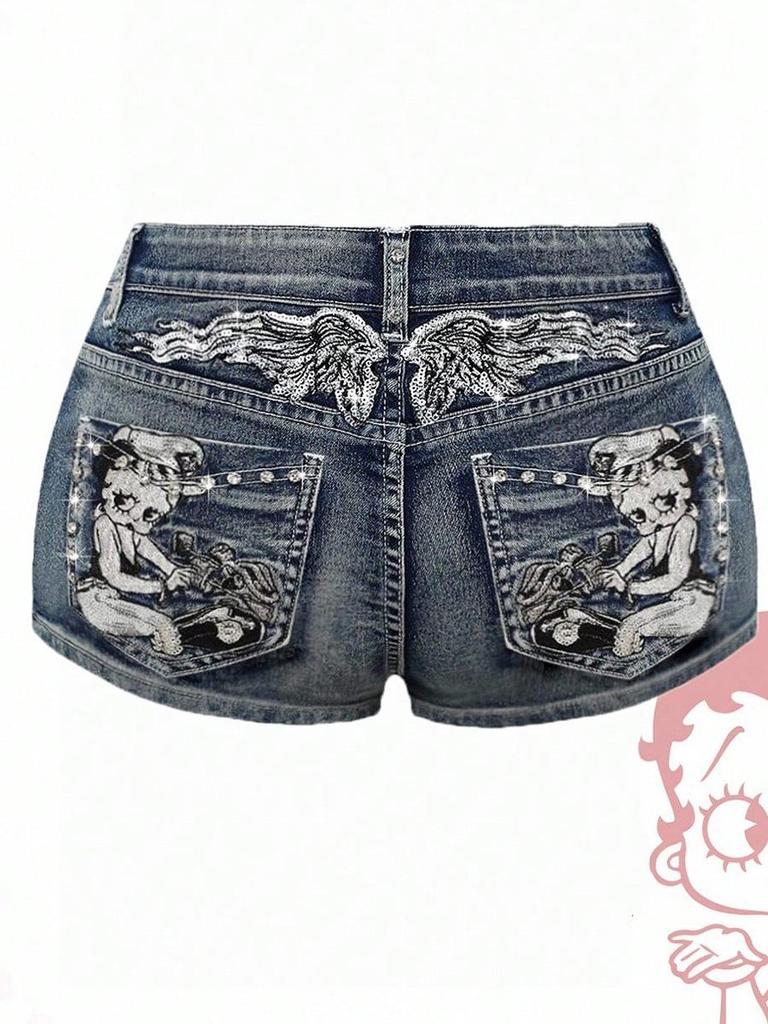 Pantaloncini di Jeans Estivi Ricamati con Strass Stile Retrò