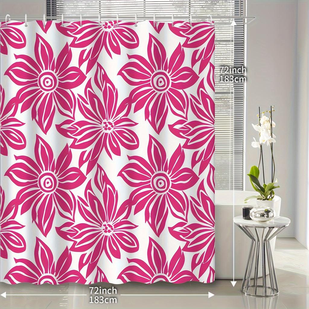 1pc Retro Abstract Geometric Floral Shower Curtain - Vibrant Pink & White Design, Washable Polyester, Includes Hooks, All-Season
