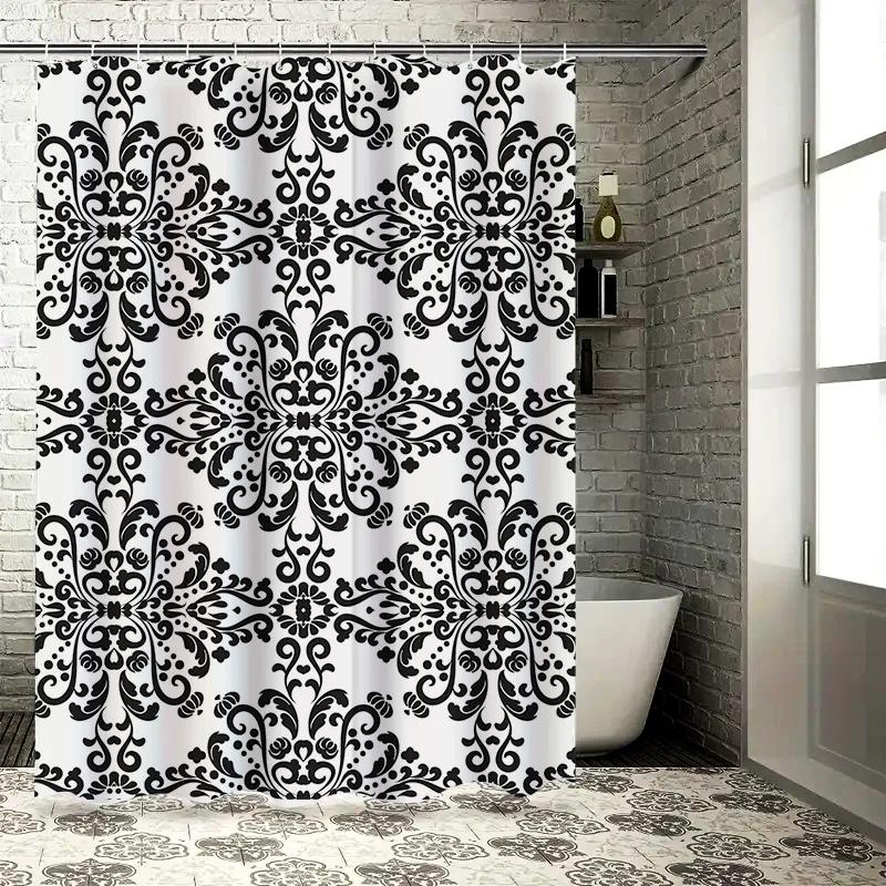 Vintage Damask Shower Curtain Black White Floral Design for Home Decor