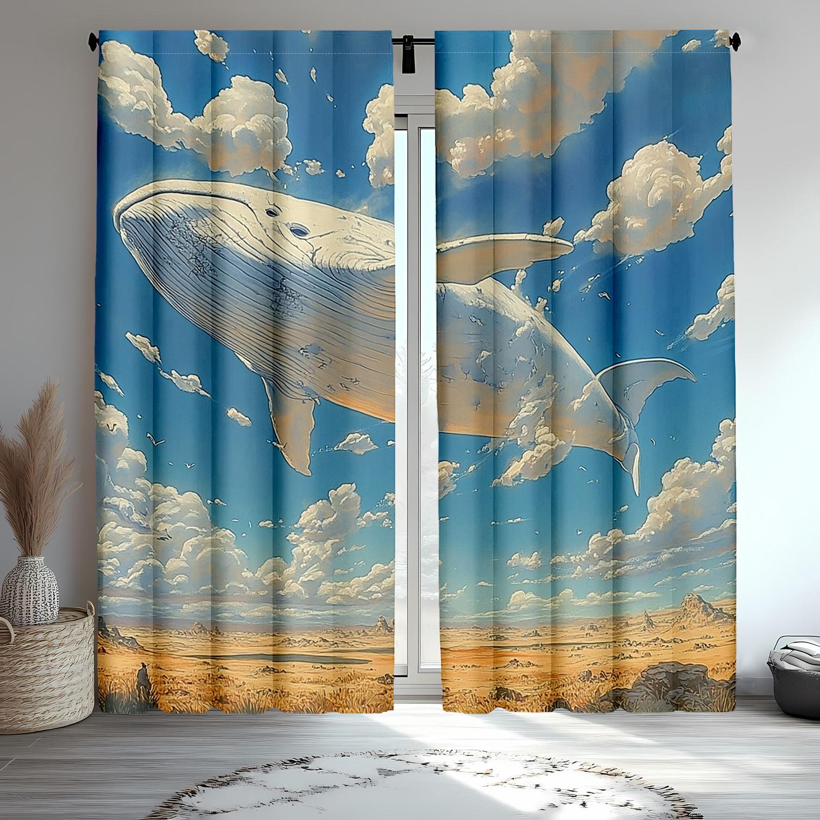 

Set Of 2 Classic Style Sky Whale Fantasy Drapes Polyester Animal Clouds Curtains Living Room Curtain With Blackout Perfect For Area W100*H70(CM)-Grommet top&1PCS