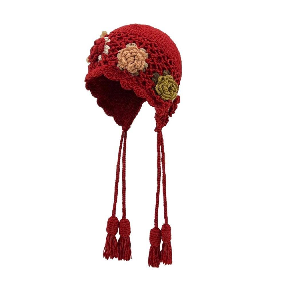 Hollow Out Crochet Knitted Hat Tassels Knit Cap Vintage Ethnic Style Hat  Girls