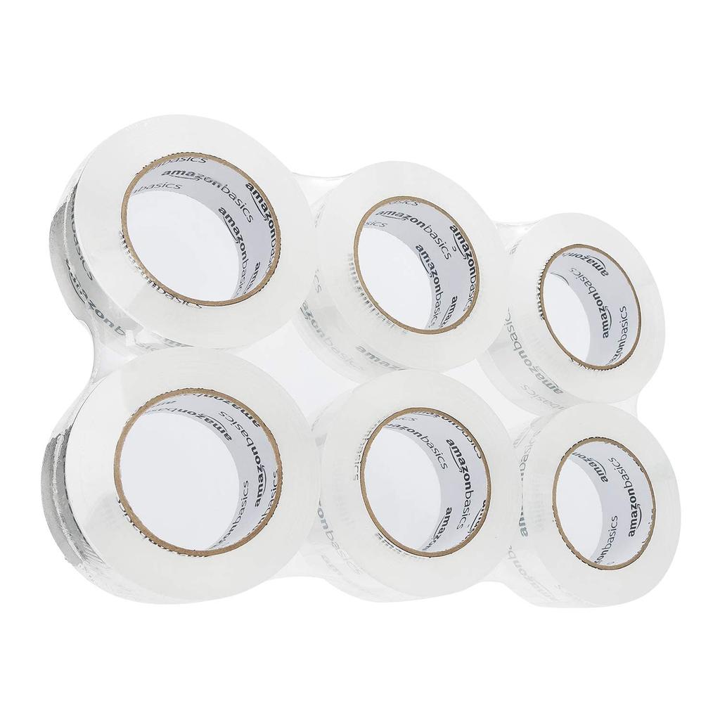 Amazon Basic Packaging OPP Tape, 48mm Wide X 100m Long, Double-Length Roll, Pack of 6, Crystal Clear