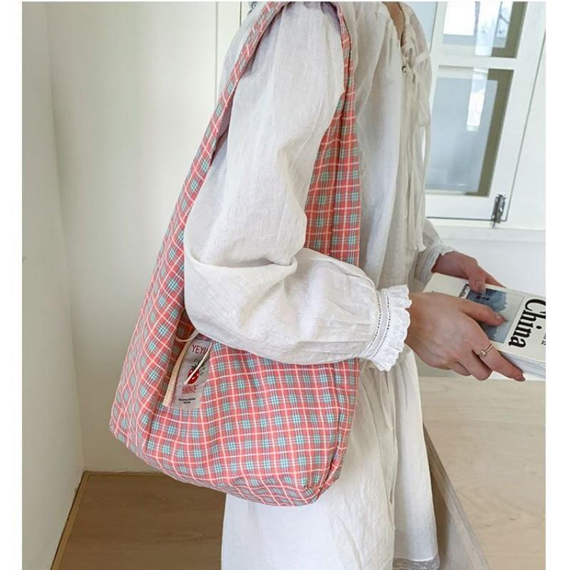 Double Sided Commuter Bag Fashiable Versatile Bags Canvas Plaid Handbag Lightweight Shoulder Bag For Short Trips Lunch