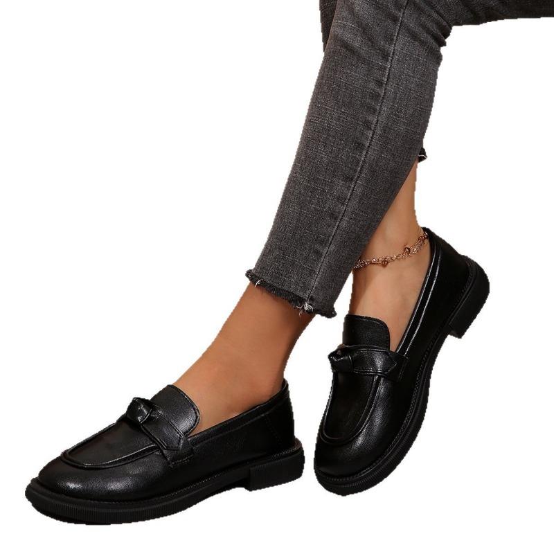 New Spring Autumn Soft Soled Single Shoes Women with Bow Square Heel Large Size, Le Fu Shoes, Small Leather Shoes for Women