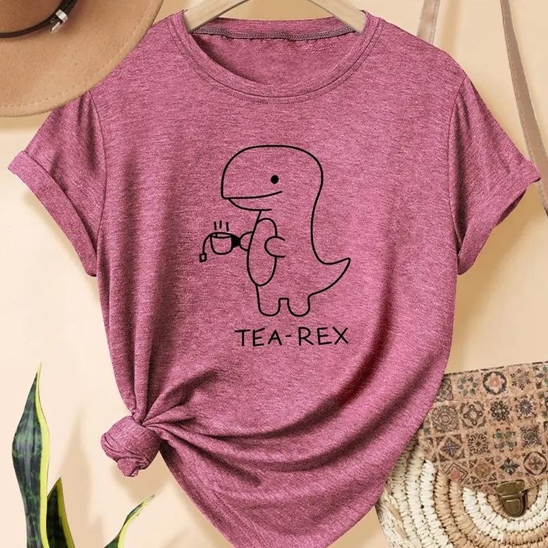 Women Summer T Shirt Retro Fashion Short Sleeve Tees Casual Dinosaur Printed  Tops
